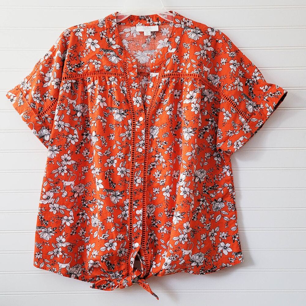 Charter Club Luxury Top XL Linen Blend Orange Tie Front Floral Monkies Cheetah